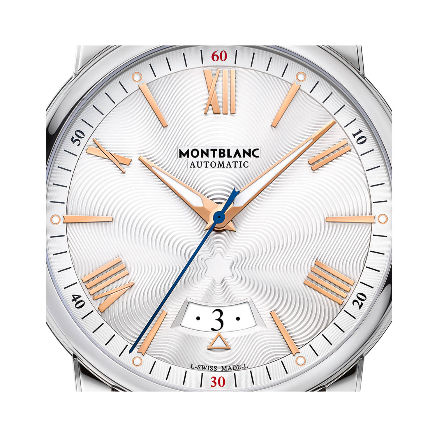 Montblanc, 4810 with a 42mm stainless steel case and bracelet strap featuring a date function and a silver guilloche dial.