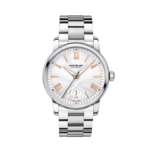 Montblanc, 4810 with a 42mm stainless steel case and bracelet strap featuring a date function and a silver guilloche dial.
