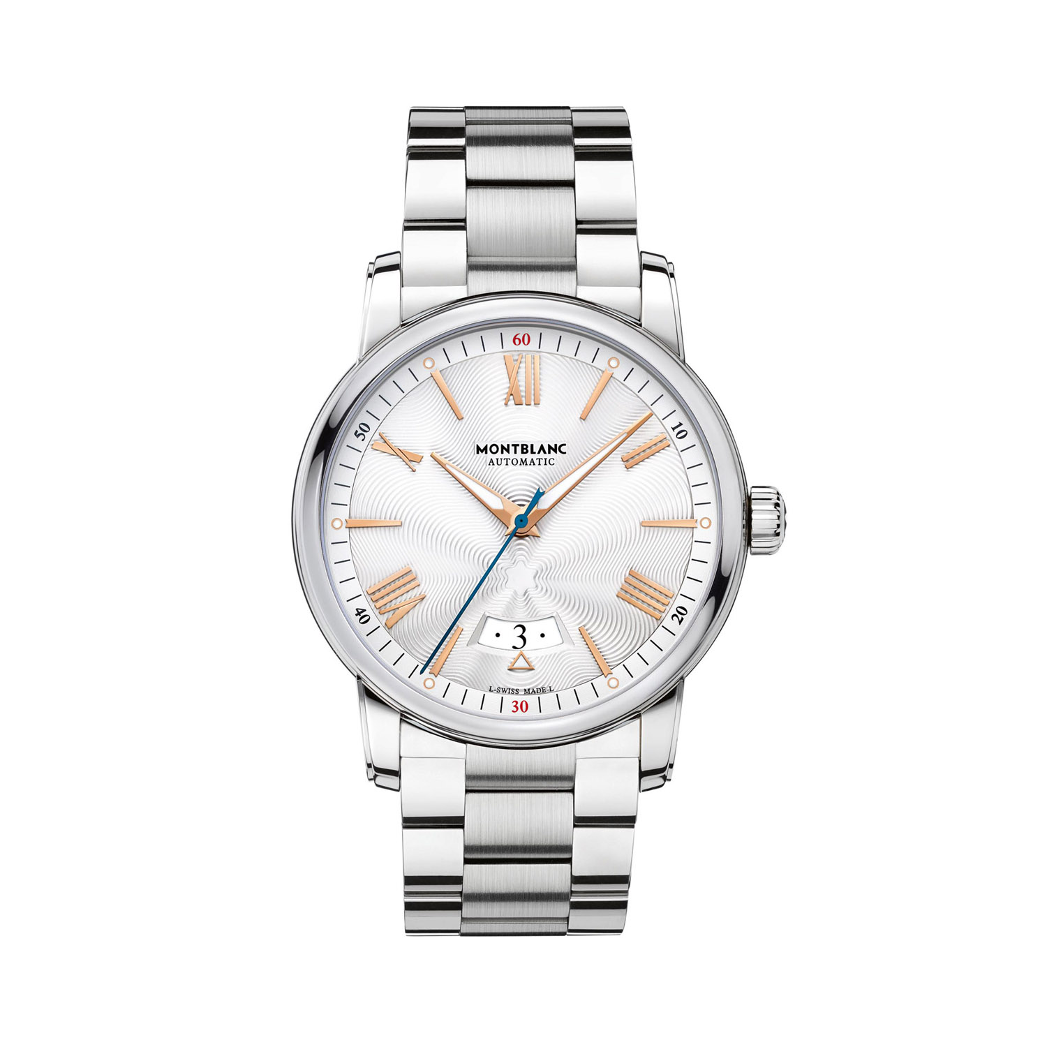 Montblanc, 4810 with a 42mm stainless steel case and bracelet strap featuring a date function and a silver guilloche dial.