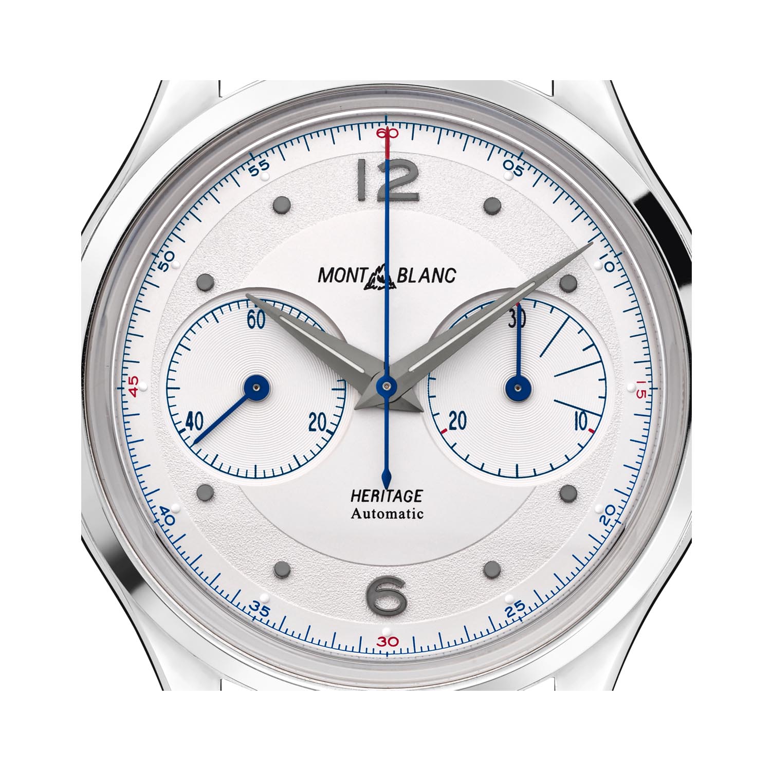 Montblanc, Heritage Monopusher with a 42mm stainless steel case and black leather strap featuring a chronograph and a white dial.