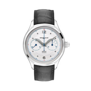 Montblanc, Heritage Monopusher with a 42mm stainless steel case and black leather strap featuring a chronograph and a white dial.