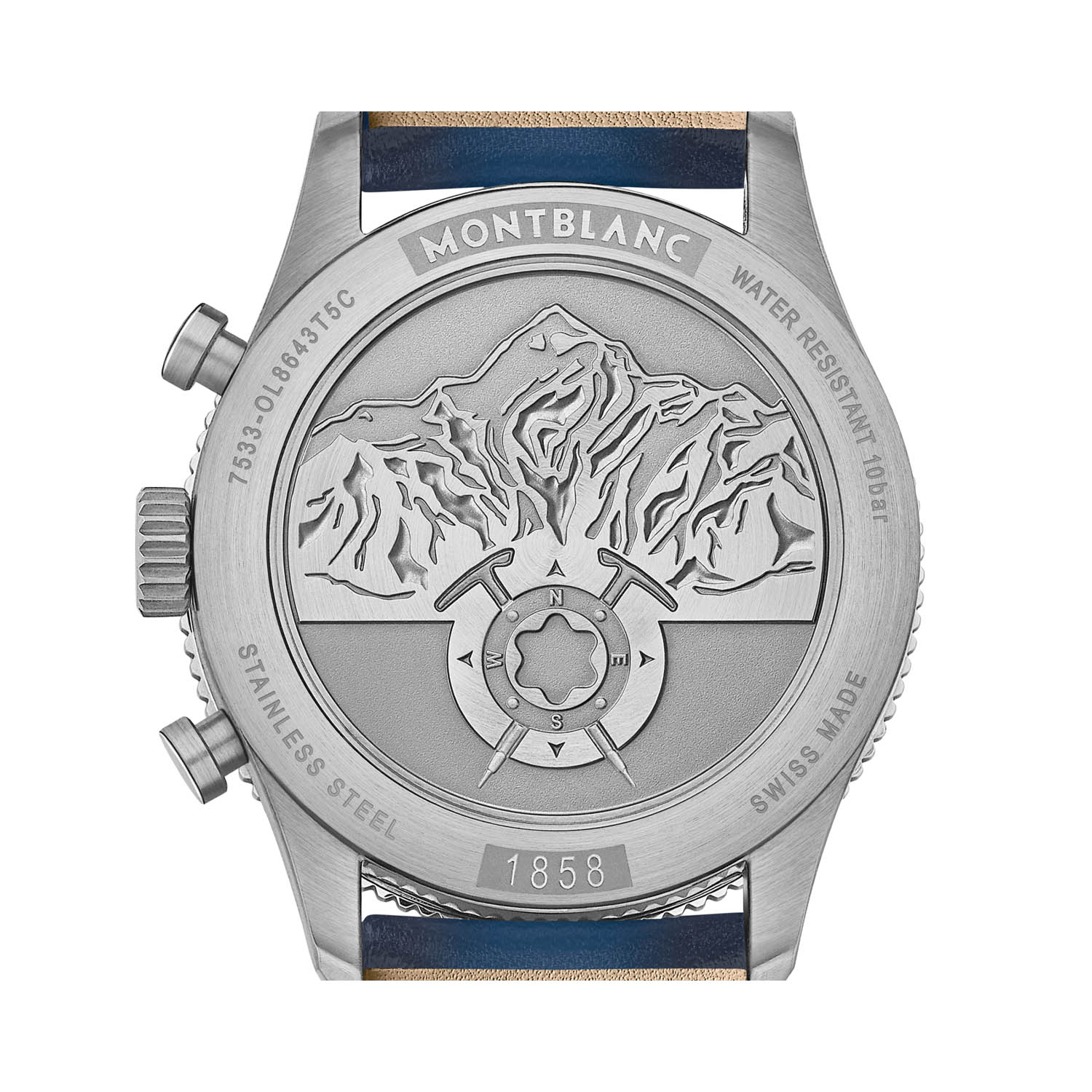 Montblanc, 1858 Chronograph Blue, Automatic Men's Watch Montblanc, 1858 with a 42mm stainless steel case and blue leather bracelet strap featuring a chronograph and a blue dial and bezel.