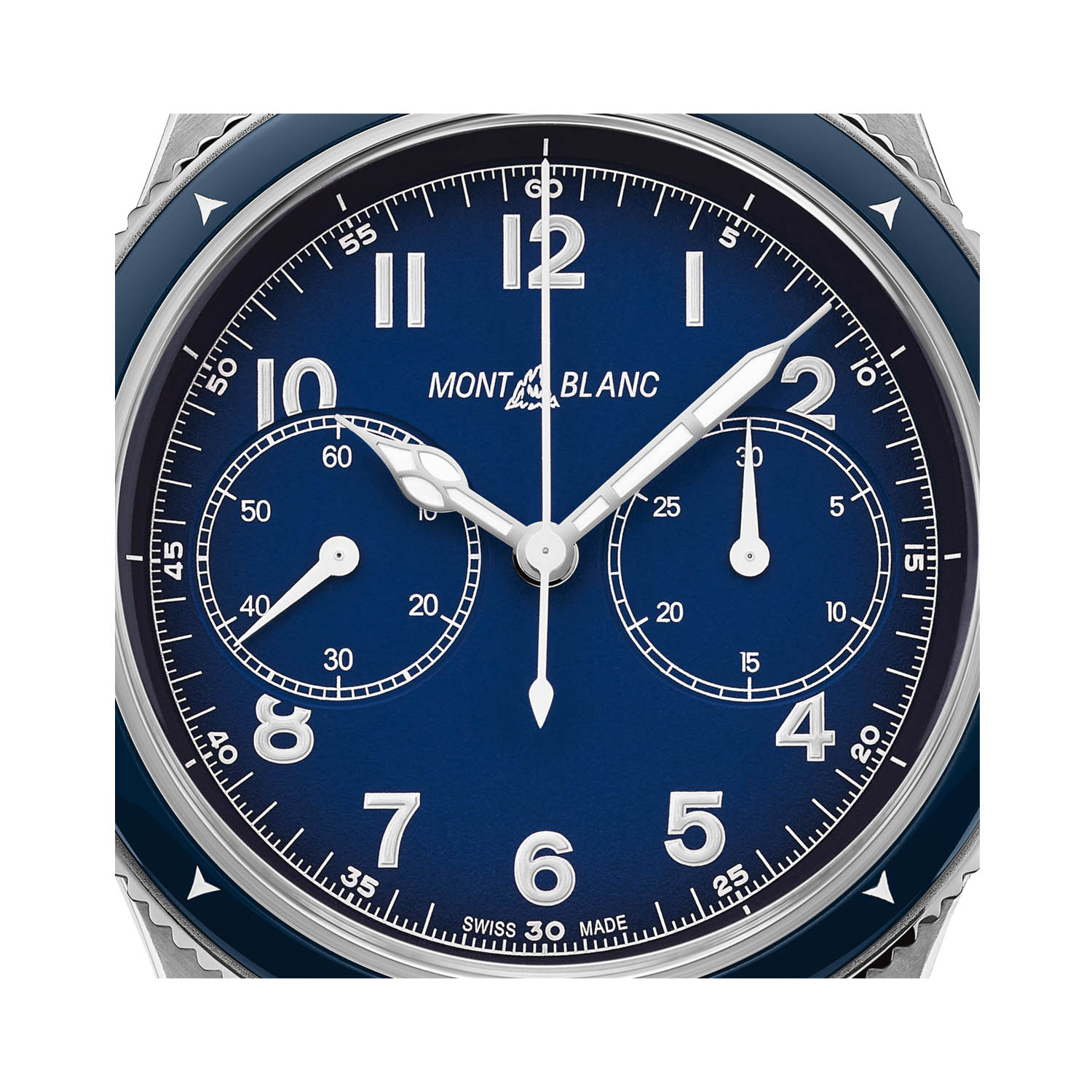 Montblanc, 1858 Chronograph Blue, Automatic Men's Watch Montblanc, 1858 with a 42mm stainless steel case and blue leather bracelet strap featuring a chronograph and a blue dial and bezel.