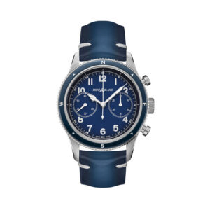 Montblanc, 1858 with a 42mm stainless steel case and blue leather bracelet strap featuring a chronograph and a blue dial and bezel.