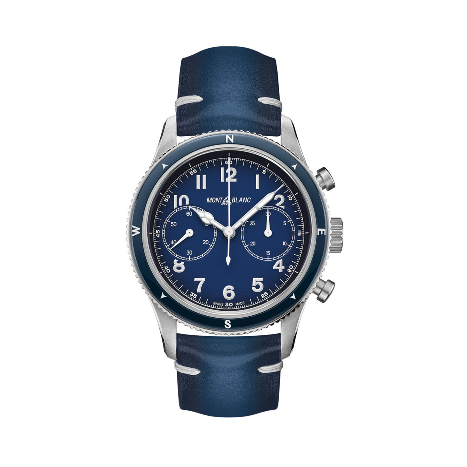 Montblanc, 1858 Chronograph Blue, Automatic Men's Watch Montblanc, 1858 with a 42mm stainless steel case and blue leather bracelet strap featuring a chronograph and a blue dial and bezel.