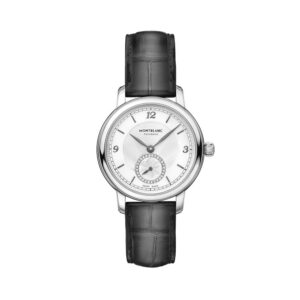 Montblanc, Star Legacy with a 32mm stainless steel case and black leather strap featuring a small second hand and a diamond set, white dial.