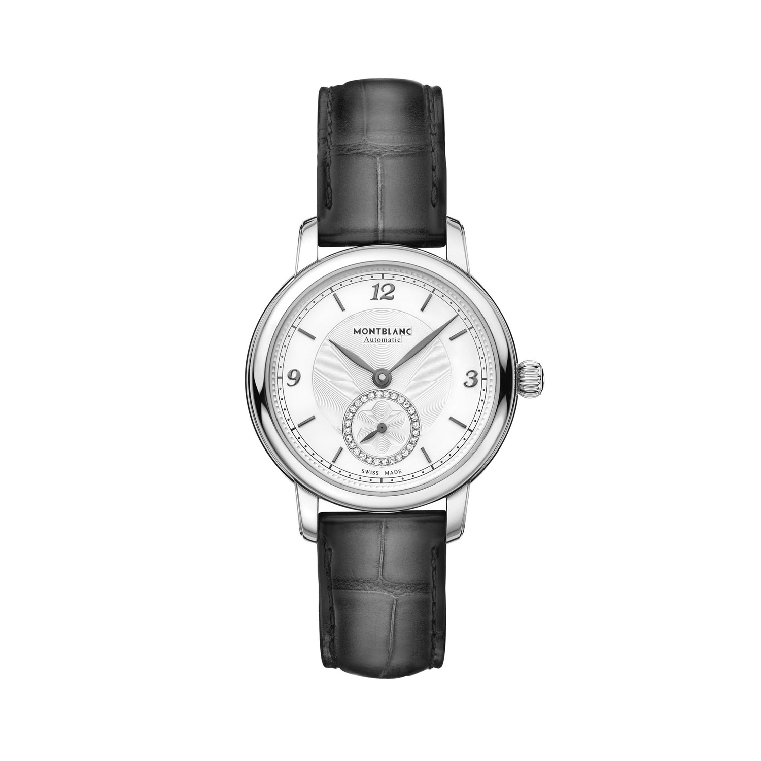 Montblanc, Star Legacy with a 32mm stainless steel case and black leather strap featuring a small second hand and a diamond set, white dial.