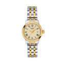 Tissot, Classic Dream Lady with a 28mm stainless steel and yellow gold PVD coated case and bracelet strap featuring a date function and an ivory coloured dial.