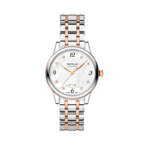 Montblanc, Bohème with a 28mm stainless steel and rose gold PVD coated case featuring a date function and a diamond set mother of pearl dial.