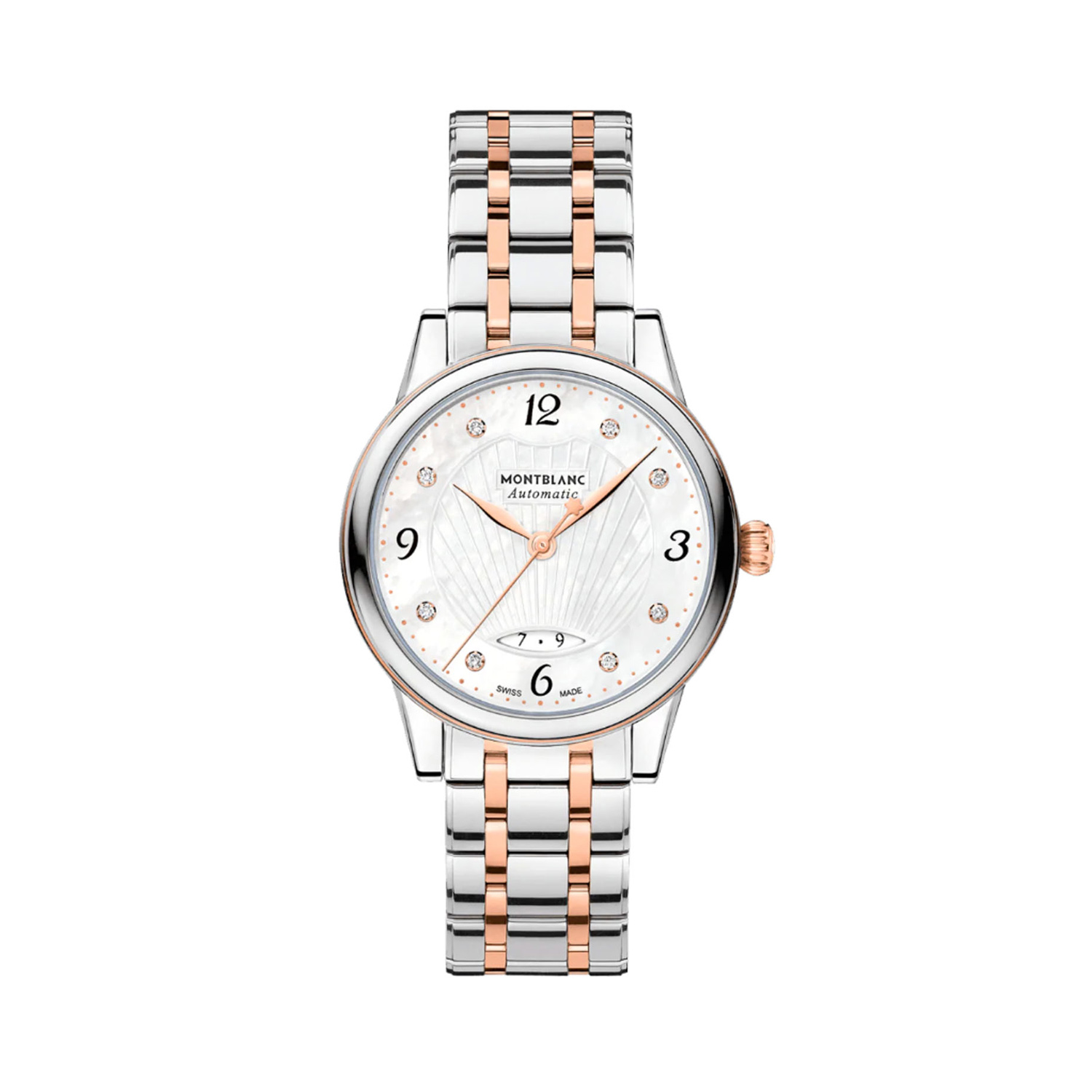 Montblanc, Bohème Two-Tone Mother of Pearl & Diamonds, Automatic Women's Watch Montblanc, Bohème with a 28mm stainless steel and rose gold PVD coated case featuring a date function and a diamond set mother of pearl dial.