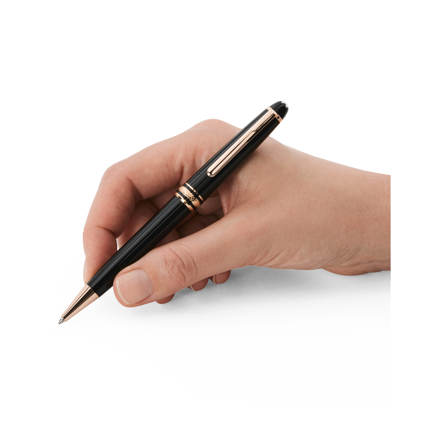 A Montblanc, Meisterstück Rose Gold-Coated Classique Ballpoint pen crafted in black precious resin with rose gold coated fittings, featuring the white Montblanc emblem inlaid in the cap top.