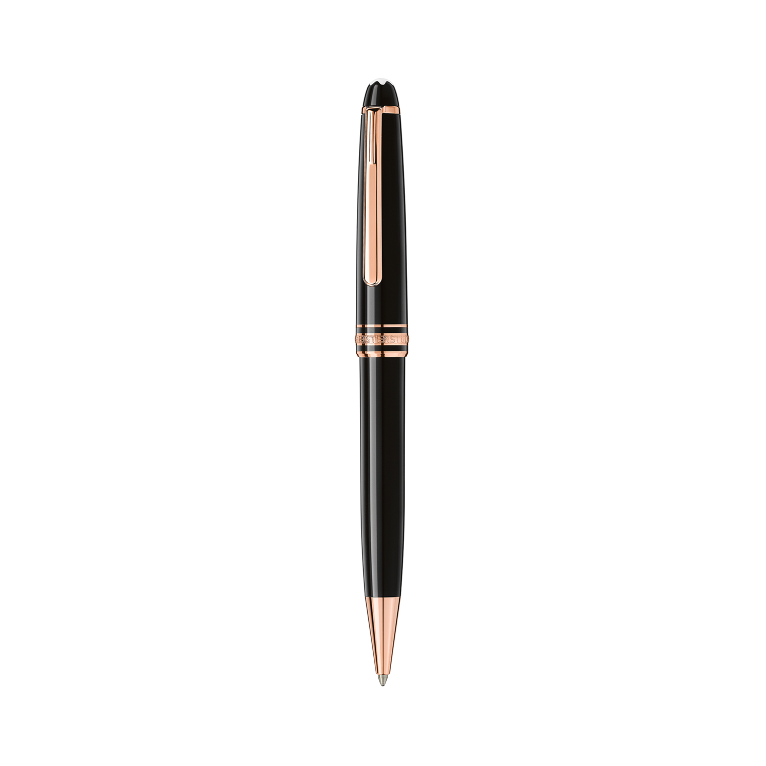 A Montblanc, Meisterstück Rose Gold-Coated Classique Ballpoint pen crafted in black precious resin with rose gold coated fittings, featuring the white Montblanc emblem inlaid in the cap top.