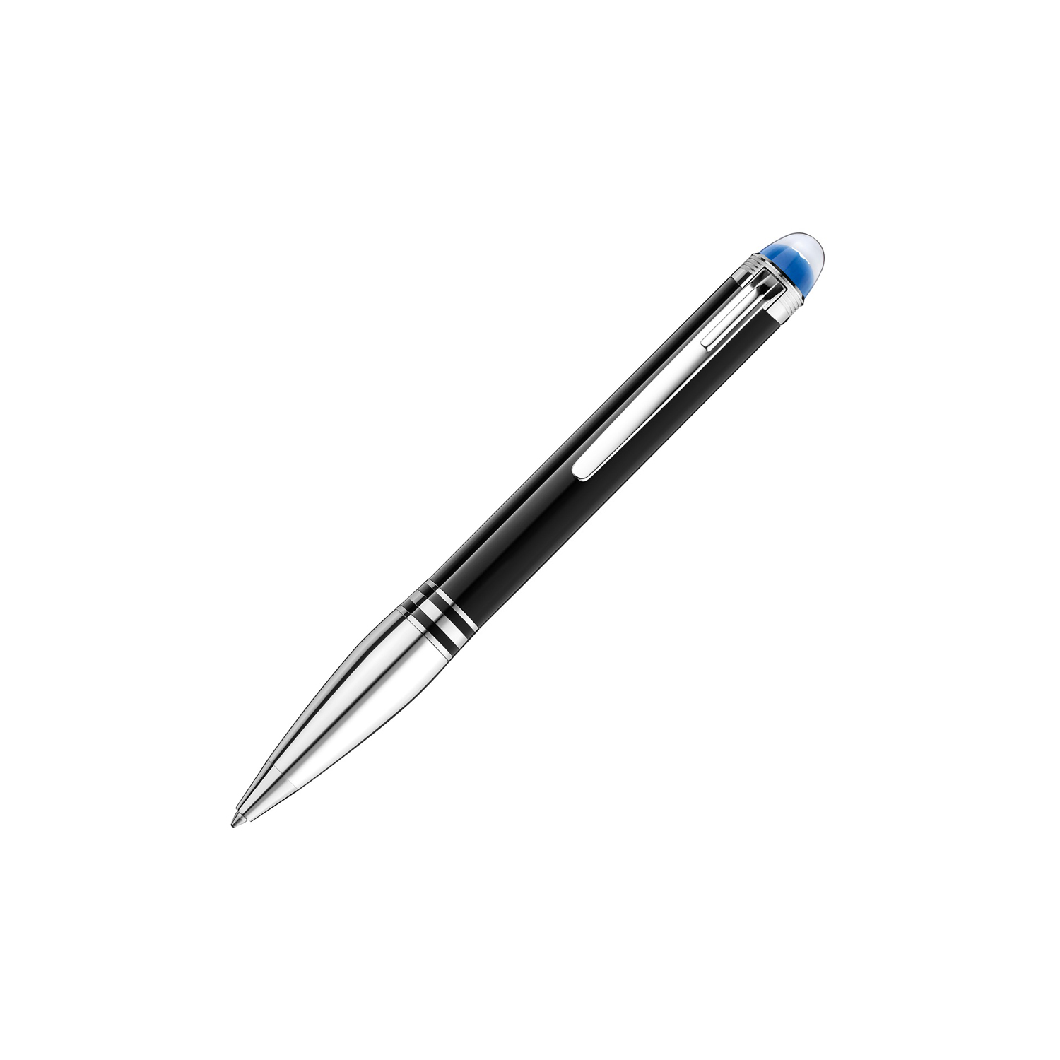 A Montblanc, StarWalker Doué Ballpoint pen crafted in black precious resin with platinum coated fittings, featuring a blue translucent dome beneath the Montblanc emblem.