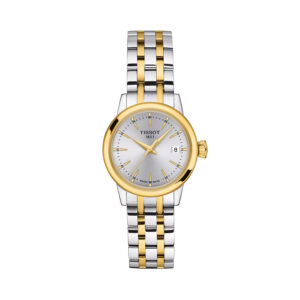 Tissot, Classic Dream with a 28mm stainless steel and yellow gold PVD coated case and bracelet strap featuring a date function and a silver dial.