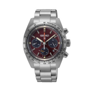 Seiko, Prospex Speedtimer European Exclusive 'Factory Red' with a 39mm stainless steel case and bracelet strap featuring a date function, chronograph and a red dial with a steel bezel.