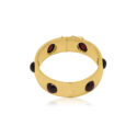 Early 20th Century, 18ct Yellow Gold Garnet Bangle An 18ct yellow gold, hinged bangle set with six evenly spaced round cabochon cut red garnets, with French control marks featured on the tongue.