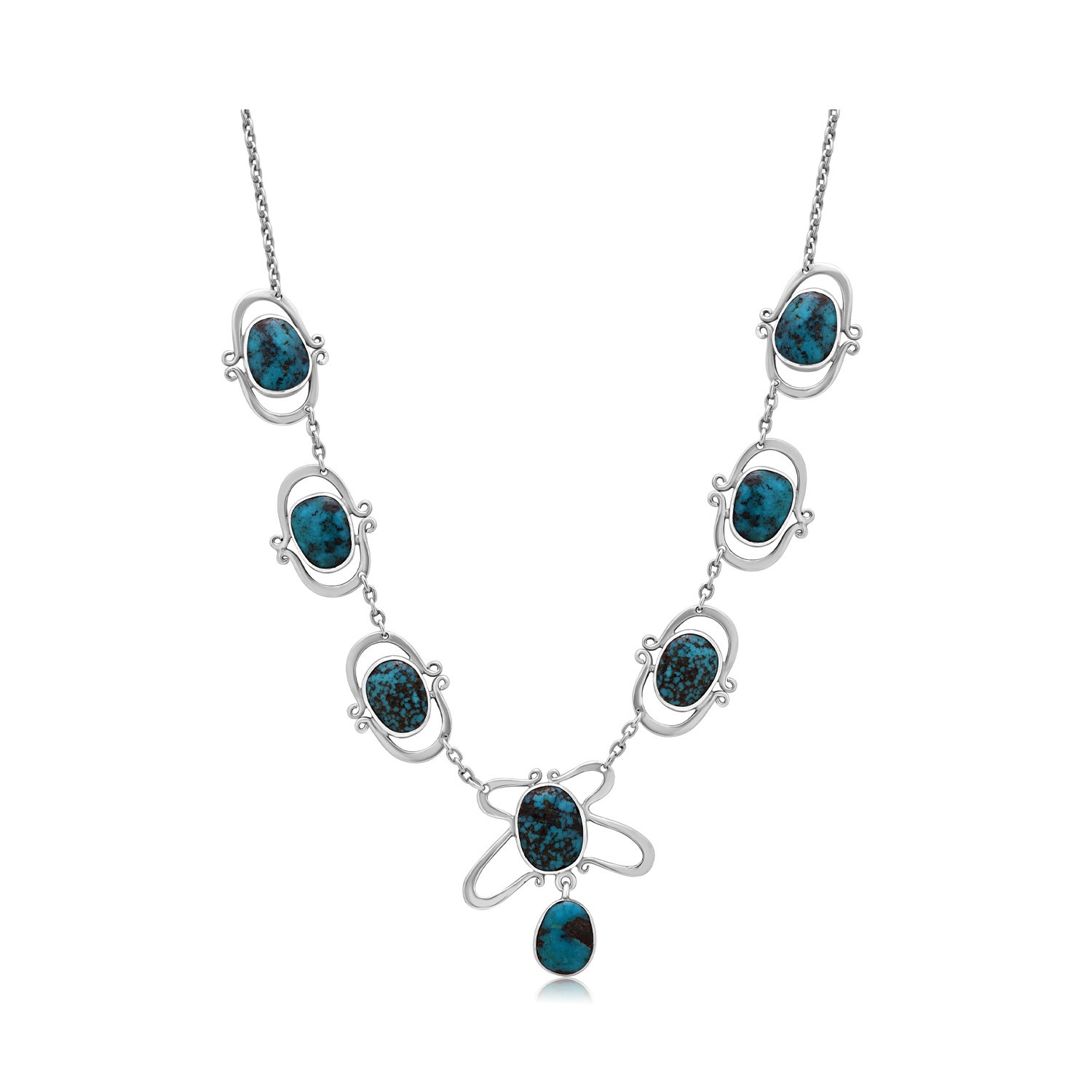 A sterling silver necklace with eight turquoise matrix stones, designed by Oliver Baker for Liberty & Co.