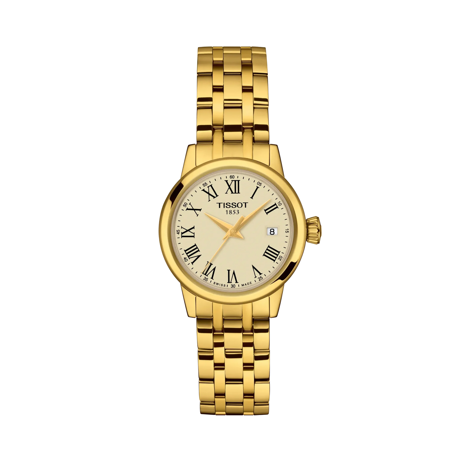 Tissot, Classic Dream Ivory Dial, Quartz 28mm Women's Watch Tissot, Classic Dream with a 28mm stainless steel yellow gold PVD coated case and bracelet strap featuring a date function and an ivory coloured dial.