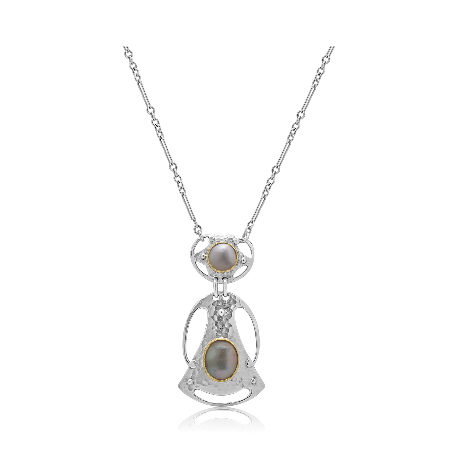 Murrle Bennett & Co, Sterling Silver Mother of Pearl Pendant & Chain An Arts & Crafts era, hammered effect, sterling silver mother of pearl pendant and chain by maker Murrle Bennett & Co. Circa 1905.