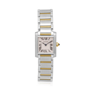 Cartier, Tank Francaise with a 20 x 24mm stainless steel and yellow gold PVD coated case and bracelet strap featuring a white dial.