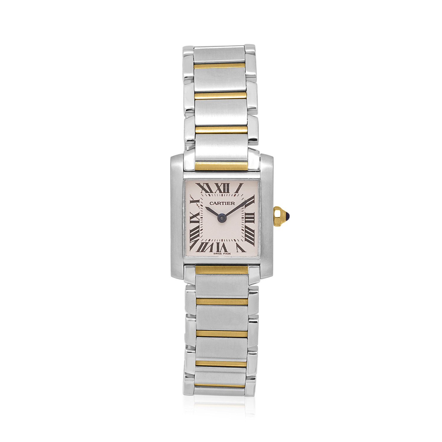 Cartier, Tank Francaise with a 20 x 24mm stainless steel and yellow gold PVD coated case and bracelet strap featuring a white dial.