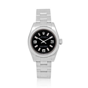 Rolex, Oyster Perpetual with a 26mm white Rolesor case and oyster bracelet with a black quarter Arabic dial with pink indexes.