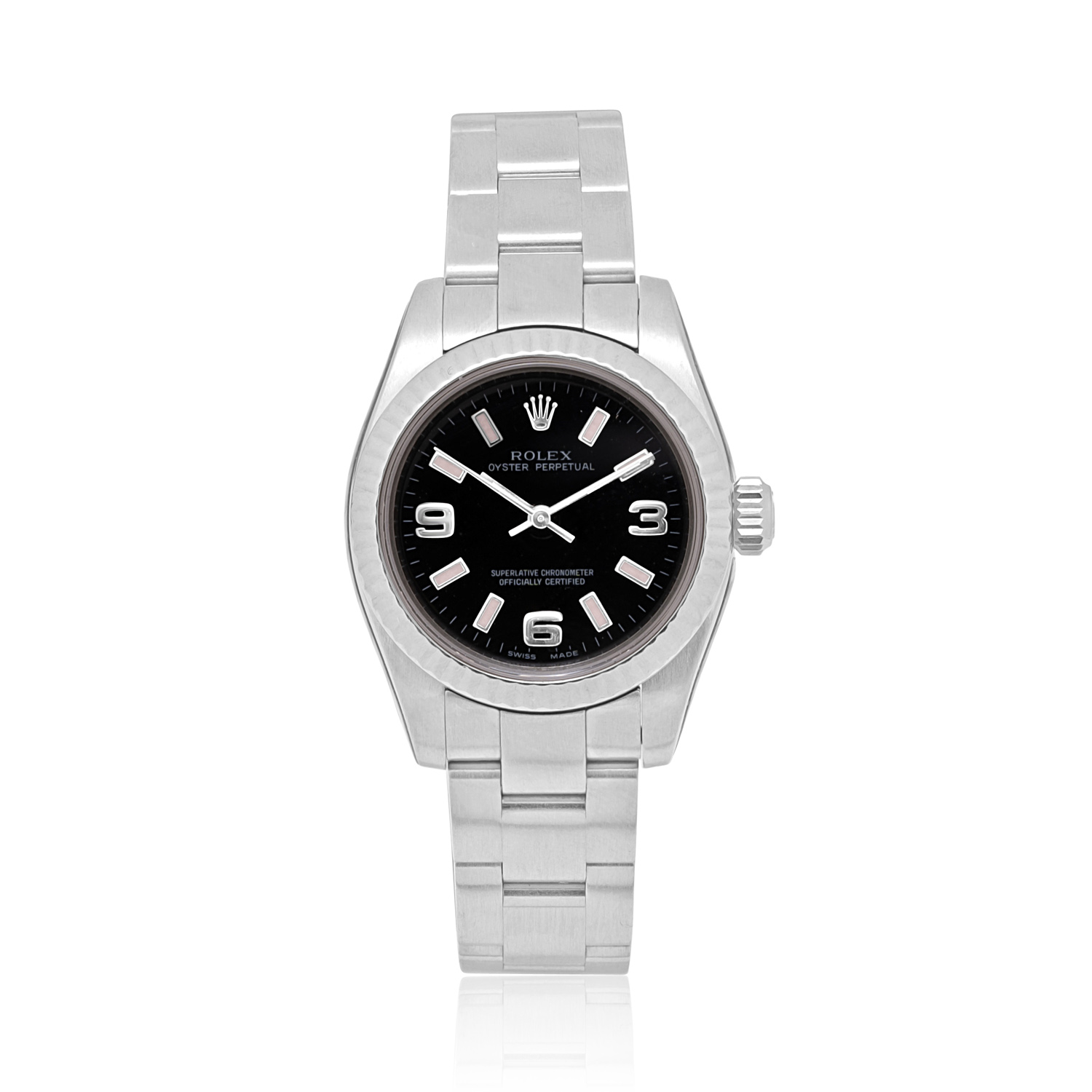 Rolex, Oyster Perpetual 26, Automatic Women's Watch Rolex, Oyster Perpetual with a 26mm white Rolesor case and oyster bracelet with a black quarter Arabic dial with pink indexes.