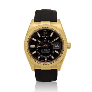 Rolex, Sky-Dweller with a 42mm 18ct yellow gold case with a black Oysterflex bracelet featuring a date function on a black index dial.
