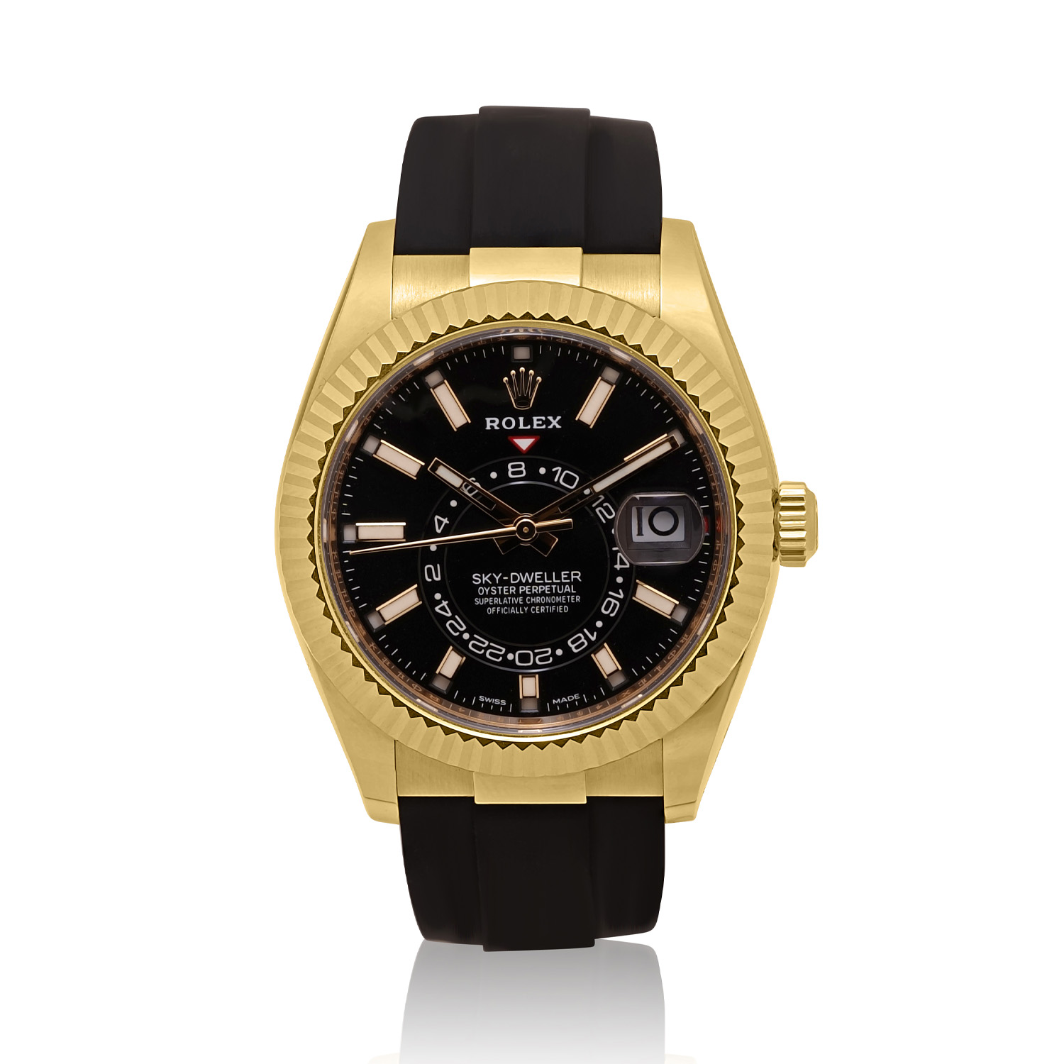Rolex, Sky-Dweller 18ct Yellow Gold, Automatic Men's Watch Rolex, Sky-Dweller with a 42mm 18ct yellow gold case with a black Oysterflex bracelet featuring a date function on a black index dial.
