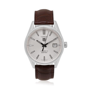 Tag Heuer, Carrera Calibre 5 with a 39mm stainless steel case and a brown leather strap featuring a date function and a silver dial.