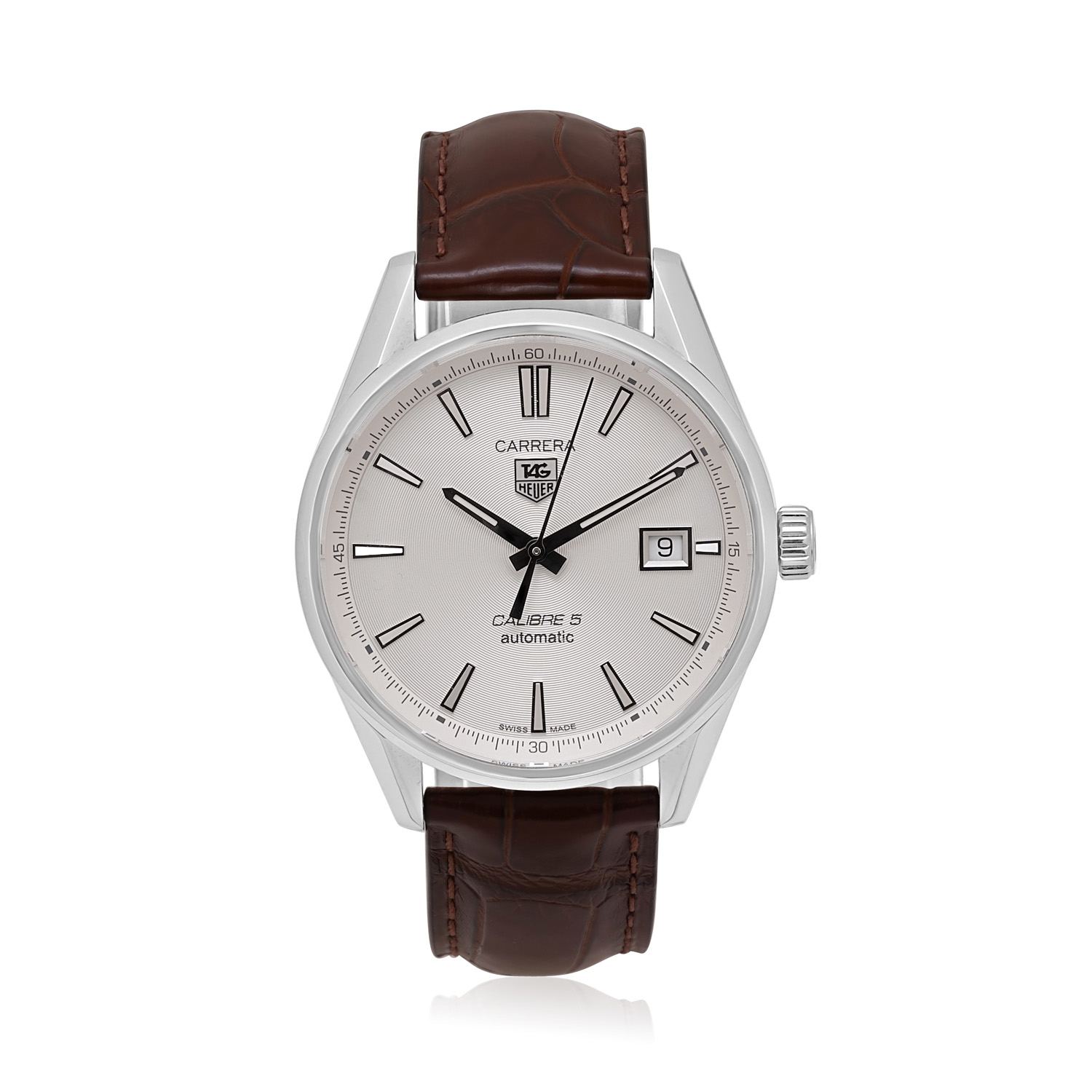 Tag Heuer, Carrera Calibre 5 with a 39mm stainless steel case and a brown leather strap featuring a date function and a silver dial.