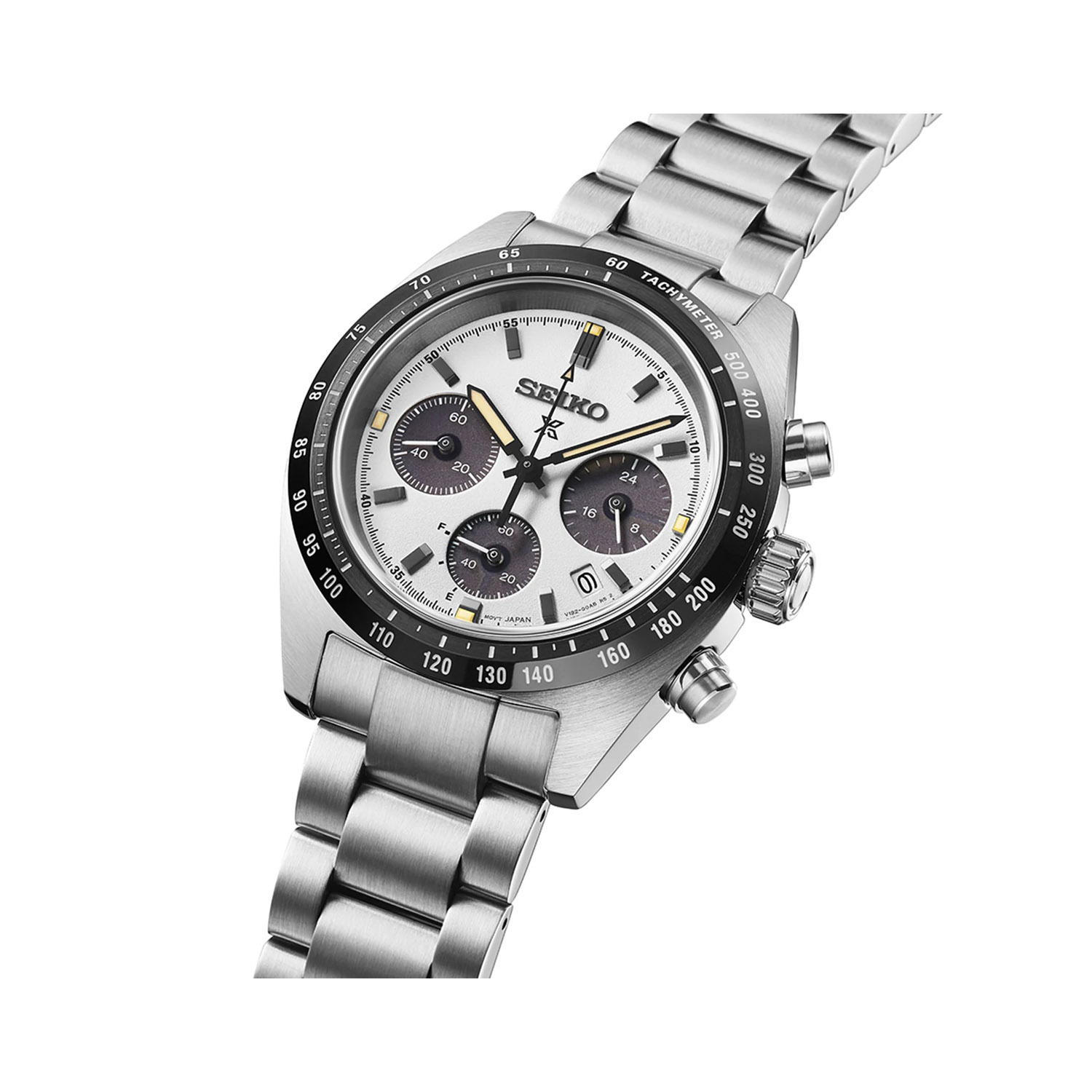 Seiko, Prospex Speedtimer in Monochrome, Solar Men's Watch Seiko, Prospex Speedtimer with a 39mm stainless steel case and bracelet strap featuring a chronograph, date function and a white dial with a black bezel.