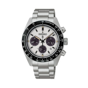 Seiko, Prospex Speedtimer with a 39mm stainless steel case and bracelet strap featuring a chronograph, date function and a white dial with a black bezel.