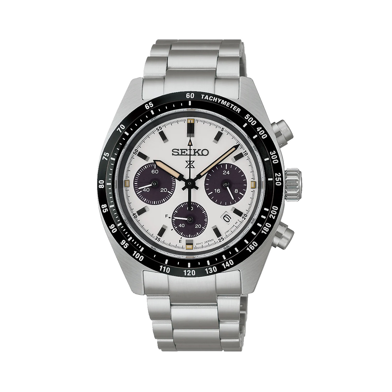 Seiko, Prospex Speedtimer in Monochrome, Solar Men's Watch Seiko, Prospex Speedtimer with a 39mm stainless steel case and bracelet strap featuring a chronograph, date function and a white dial with a black bezel.