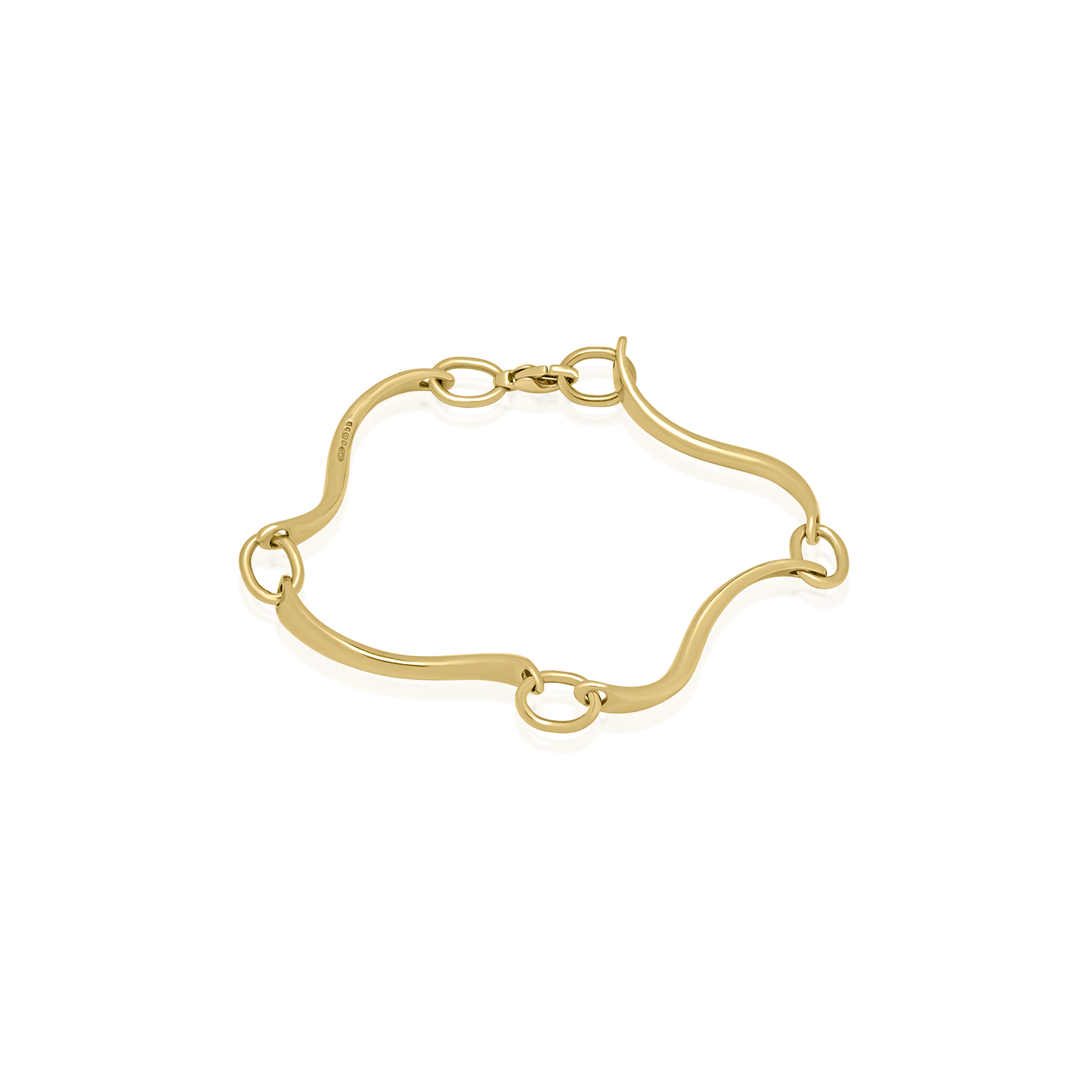 A 9ct yellow gold fancy bracelet with four bars connected by oval links, featuring a clasp.