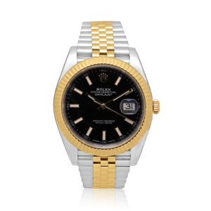 Rolex, Datejust with a 41mm yellow Rolesor case and a jubilee bracelet featuring a date function and a black index dial.