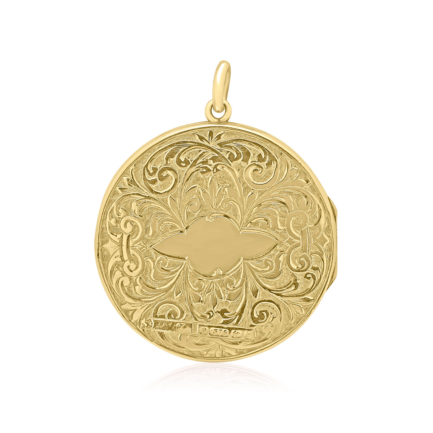 A 9ct yellow gold round shaped locket engraved with intricate leaf and floral designs. Hallmarked Birmingham 1907.