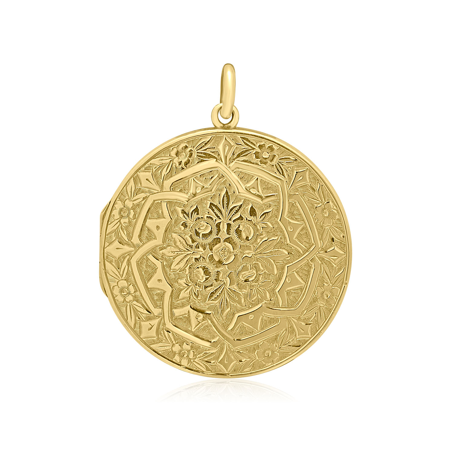 A 9ct yellow gold round shaped locket engraved with intricate leaf and floral designs. Hallmarked Birmingham 1907.