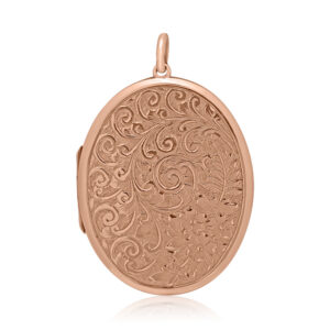 A 9ct rose gold oval shaped locket engraved with leaf and floral designs. Hallmarked Chester 1917.