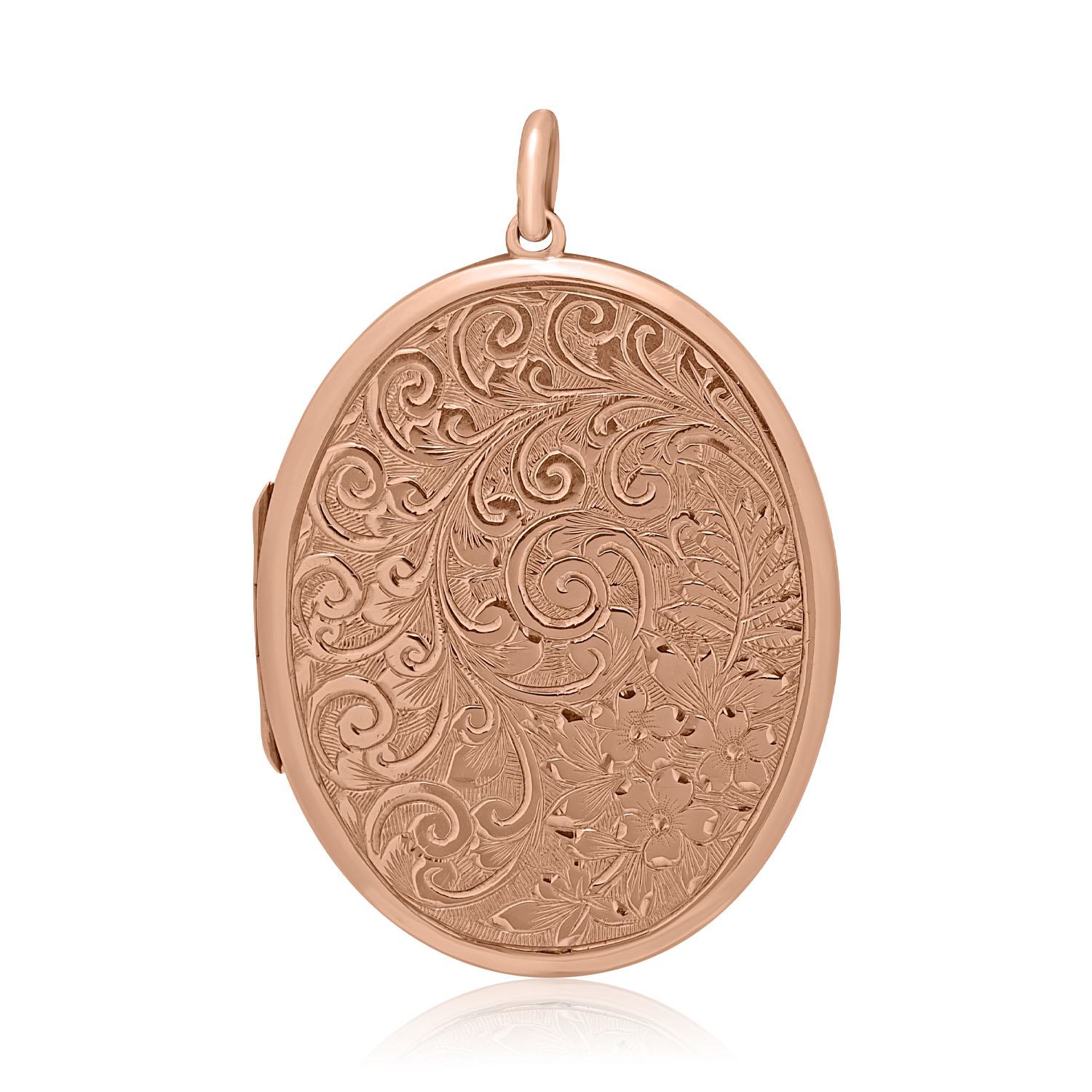 A 9ct rose gold oval shaped locket engraved with leaf and floral designs. Hallmarked Chester 1917.