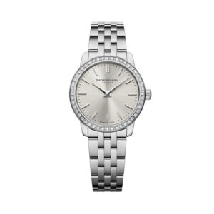 Raymond Weil, Toccata with a 24mm stainless steel case and bracelet strap featuring silver dial with a diamond set bezel.