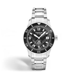 Montblanc, 1858 Iced Sea 0 Oxygen with a 38mm stainless steel case and bracelet strap featuring a date function and a black patterned dial and a black bezel.