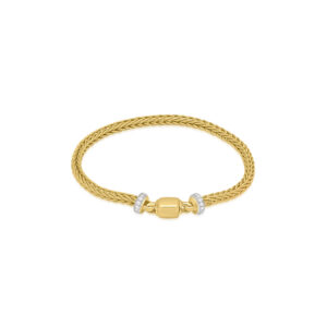 An 18ct yellow gold foxtail weaved link bracelet with two diamond set rondels and a clasp.