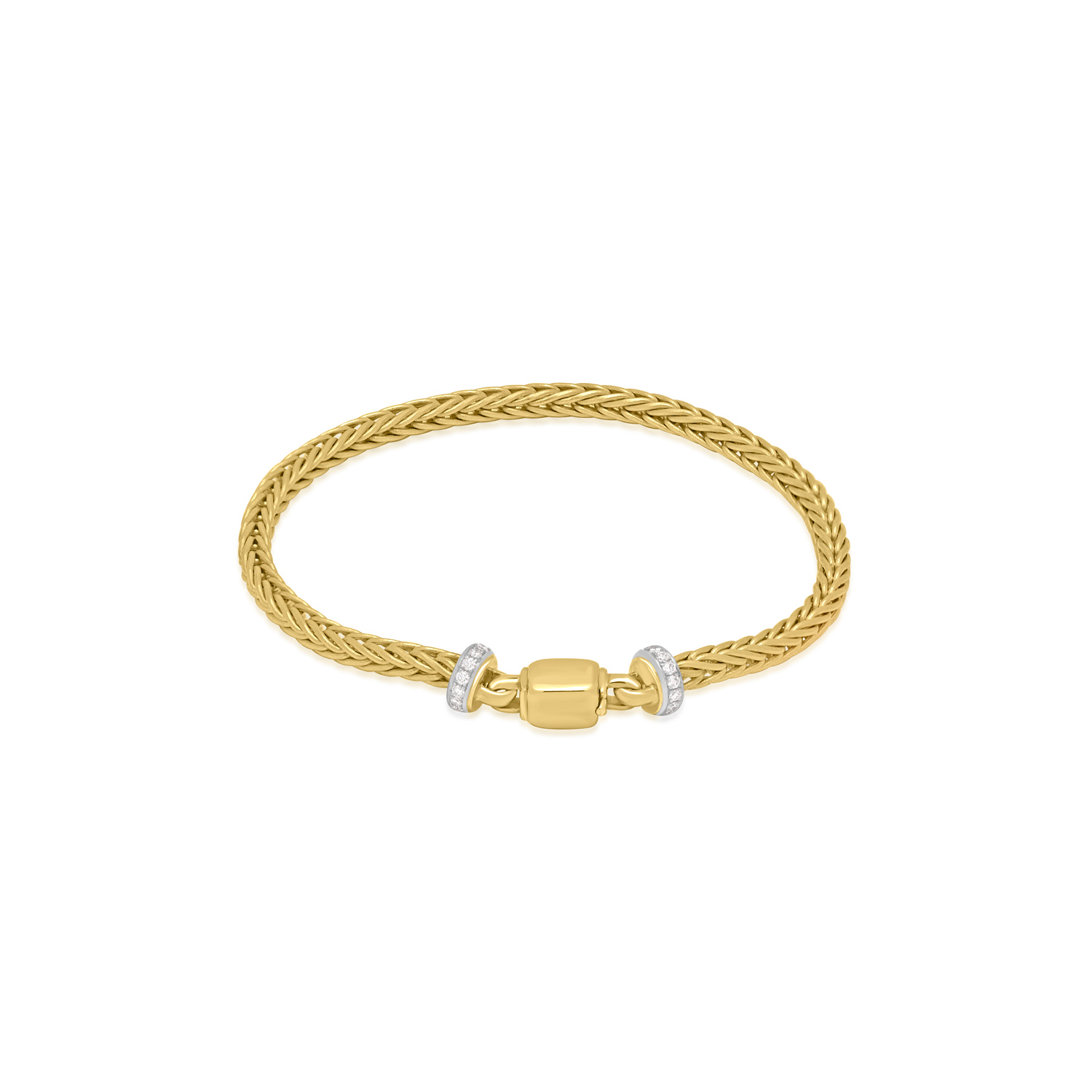 18ct Yellow Gold Diamond Foxtail Bracelet An 18ct yellow gold foxtail weaved link bracelet with two diamond set rondels and a clasp.