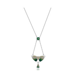 A sterling silver, Arts & Crafts era green enamelled pendant and chain, by designer Charles Horner. Hallmarked Chester 1913.