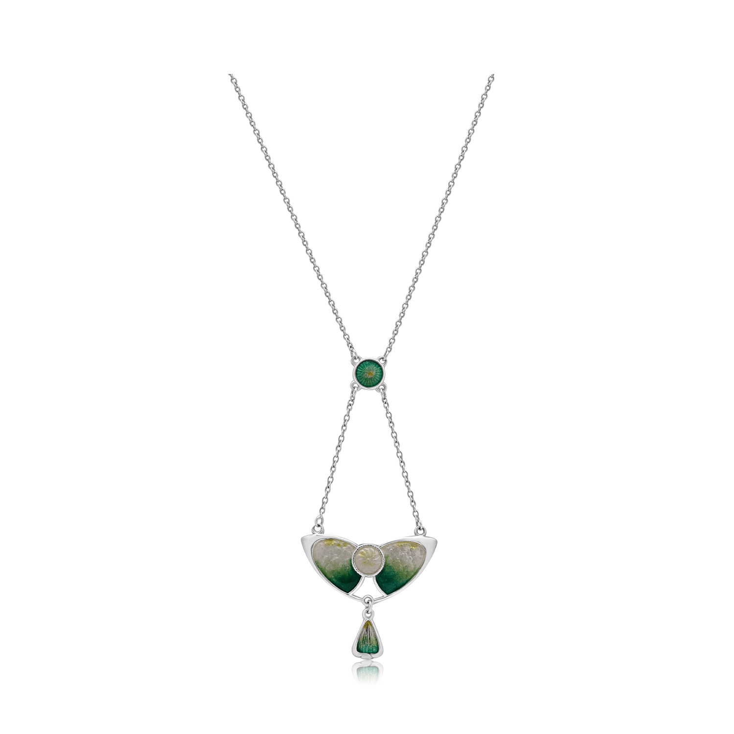 A sterling silver, Arts & Crafts era green enamelled pendant and chain, by designer Charles Horner. Hallmarked Chester 1913.