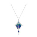 A sterling silver, Arts & Crafts era blue enamelled pendant and chain, by designer James Fenton. Hallmarked Birmingham 1909.