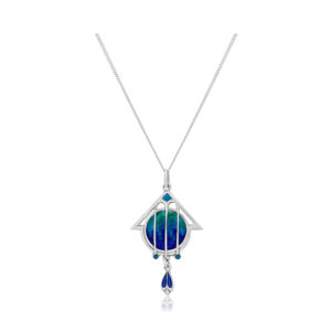 A sterling silver, Arts & Crafts era blue enamelled pendant and chain, by designer James Fenton. Hallmarked Birmingham 1909.