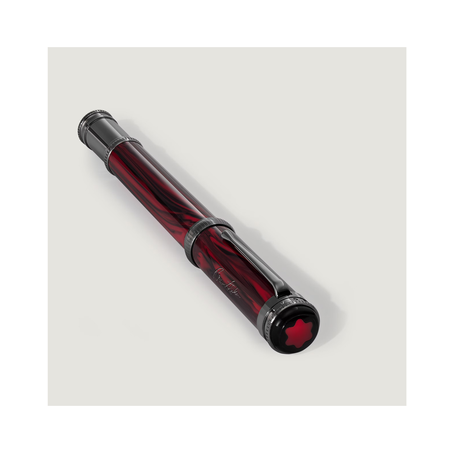 Montblanc, Writers Edition Homage to Bram Stoker Limited Edition Rollerball A Montblanc, Writers Edition Homage to Bram Stoker Limited Edition rollerball pen crafted in red precious resin with ruthenium-coated metal.