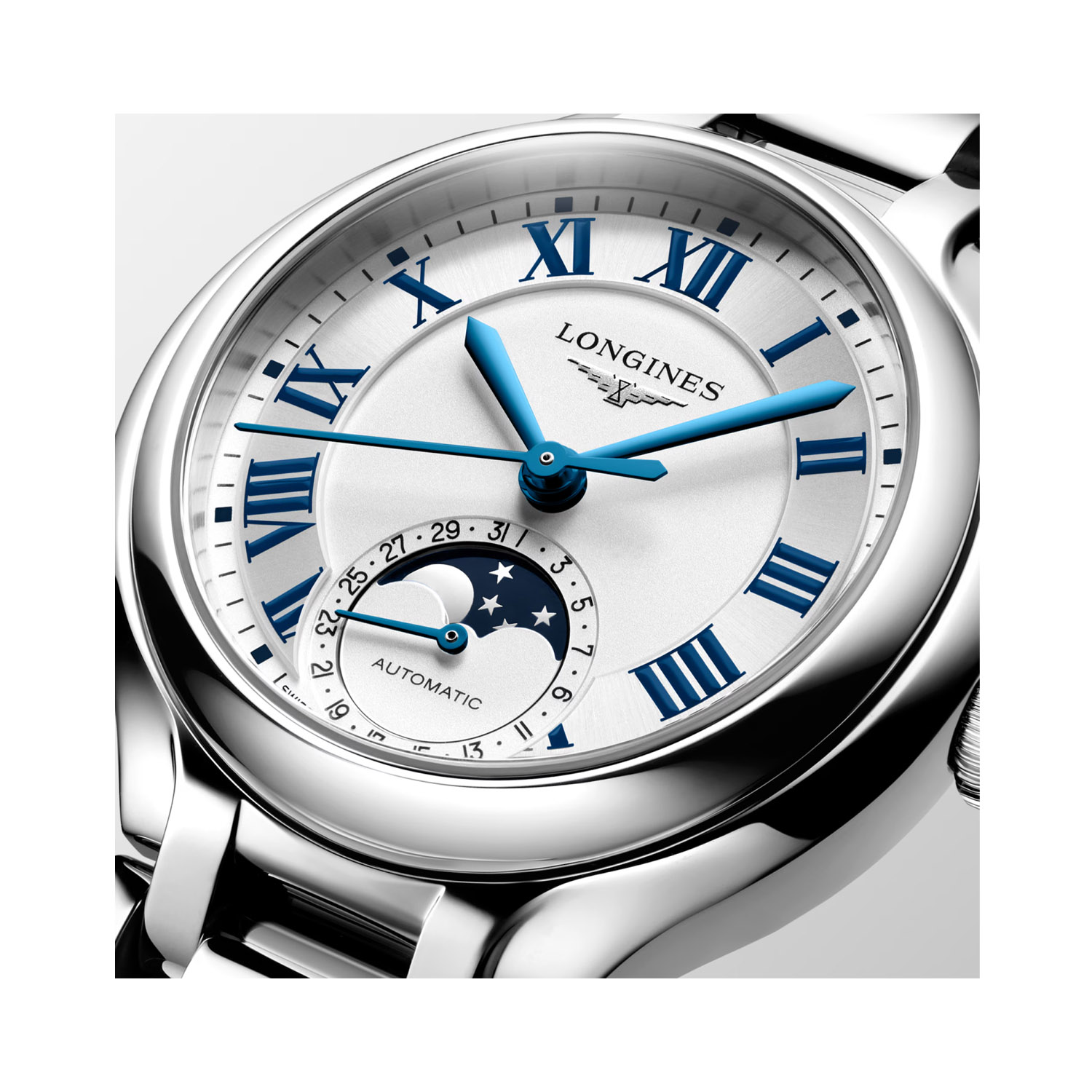Longines, PrimaLuna Moonphase, Automatic Women's Watch Longines, PrimaLuna with a 34mm stainless steel case and bracelet strap featuring a moonphase and an opaline ivory coloured dial.